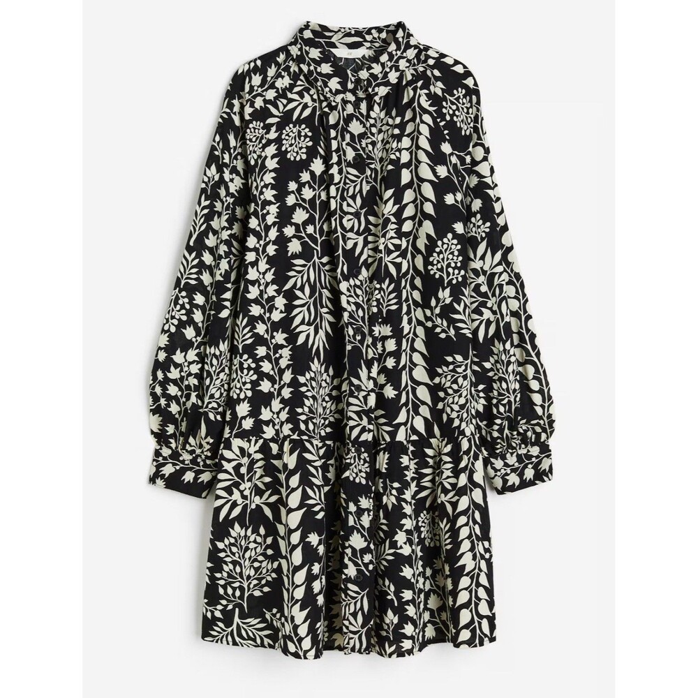 hm Women’s Leaf Mini Dress Black And White Medium Bohemian Summer Party Resort